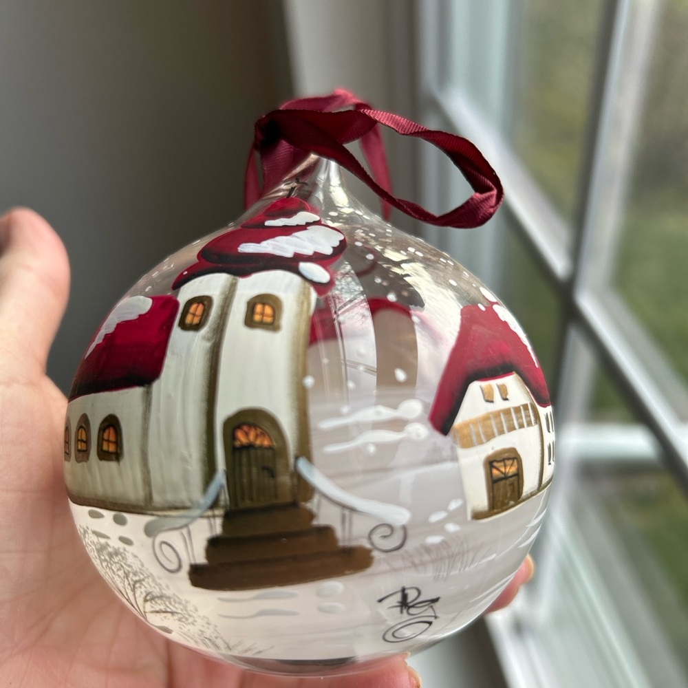 Winter Scene Glass Blown Ornament W/Houses, Church Etc Has Artist Initials-New - Picture 3 of 7